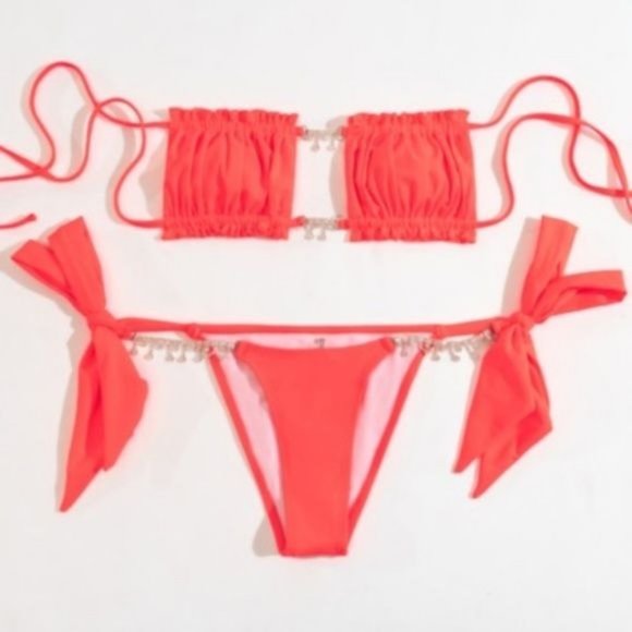 Stasia Booblicious Neon Coral Dangling Rhinestone Charm String Bikini - Picture 7 of 12
